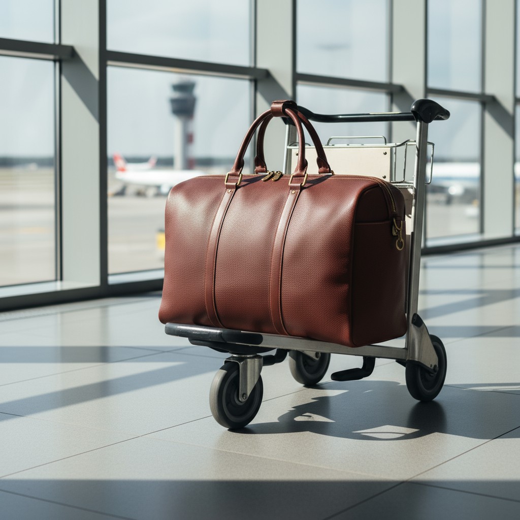 The alt text for the image is: "a brown leather duffle bag sits on a luggage cart in an airport." Please let me know if yo...
